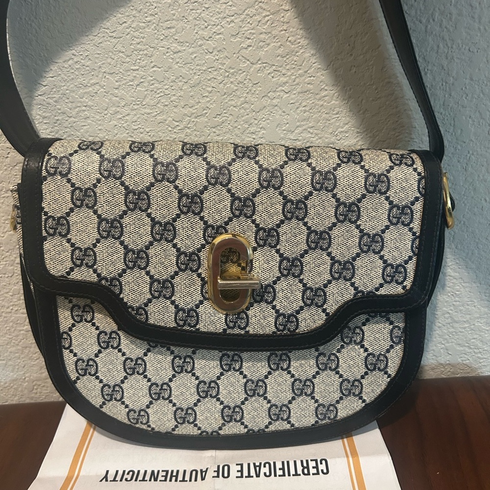 Gucci Navy GG Monogram Shoulder Bag with Leather Trim with COA and Dustbag - Picture 10 of 13